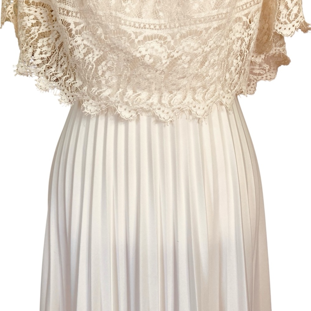 Vintage Pleated Lace Maxi Gown Dress White Cream Empire Waist Cape (Size XS/S) - Picture 6 of 16